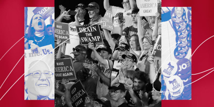 Illustration of photos of Bernie Sanders supporters, Donald Trump supporters, and buttons for Joe Biden.