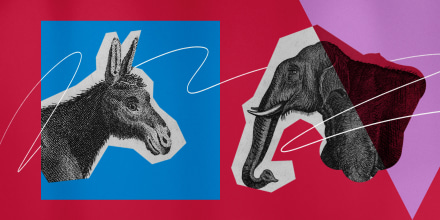 Illustration of the Democratic Donkey and Republican Elephant facing one another