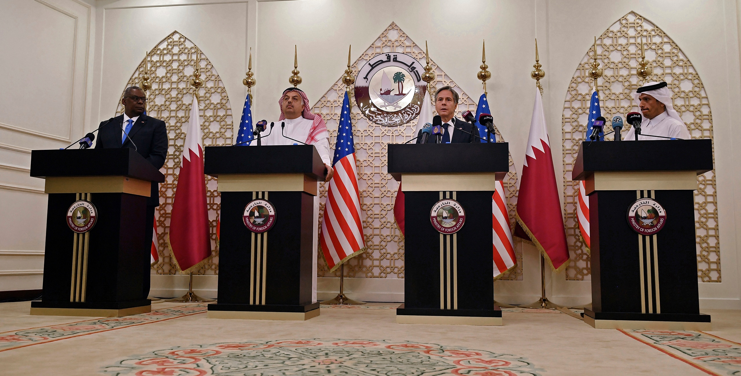 US Secretary of State Antony Blinken, centre right and Secretary of Defense Lloyd Austin, left, hold a joint press conference with Qatari Deputy Prime Minister and Foreign Minister Mohammed bin Abdulrahman al-Thani, right and Qatari Defense Minister Khalid Bin Mohammed Al-Attiyah centre left, at the Ministry of Foreign Affairs in Doha, Qatar, Tuesday, Sept. 7, 2021. (Olivier Douliery/Pool Photo via AP)