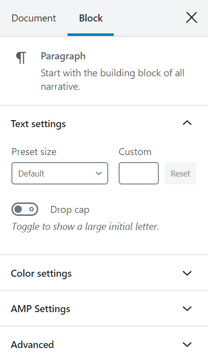 The Block settings sidebar displays the Paragraph block options like Text, color, AMP settings. Each section can be opened for more options.