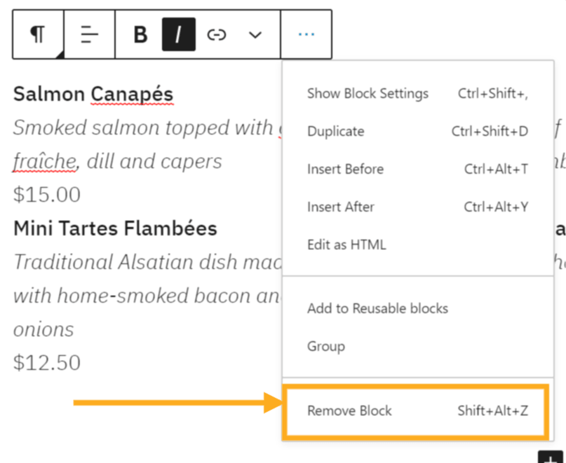 The Block toolbar ellipses menu expanded will show Remove Block as the last option.