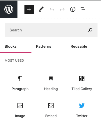 The block library expanded with the most used blocks displayed has sections for Blocks, Patterns, and Reusable. The Blocks section will show the most used first.