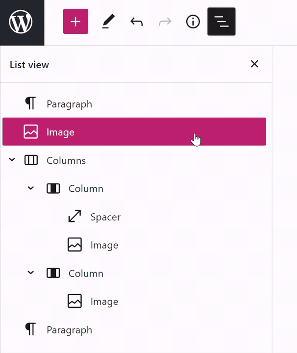 An animated GIF showing List View and the action of clicking and dragging blocks into new positions.