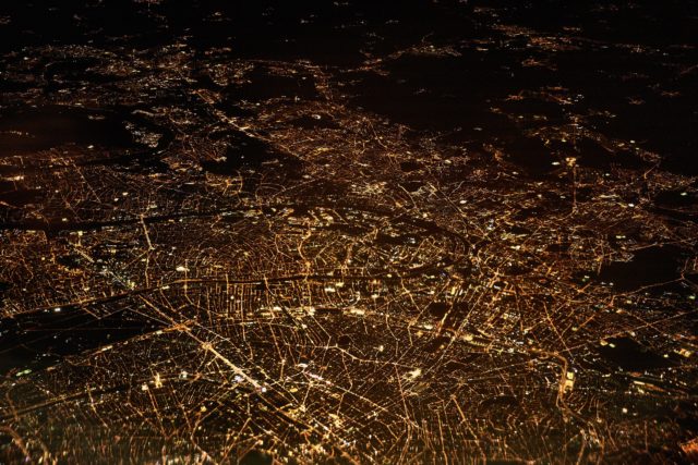 aerial view of roads and city lights