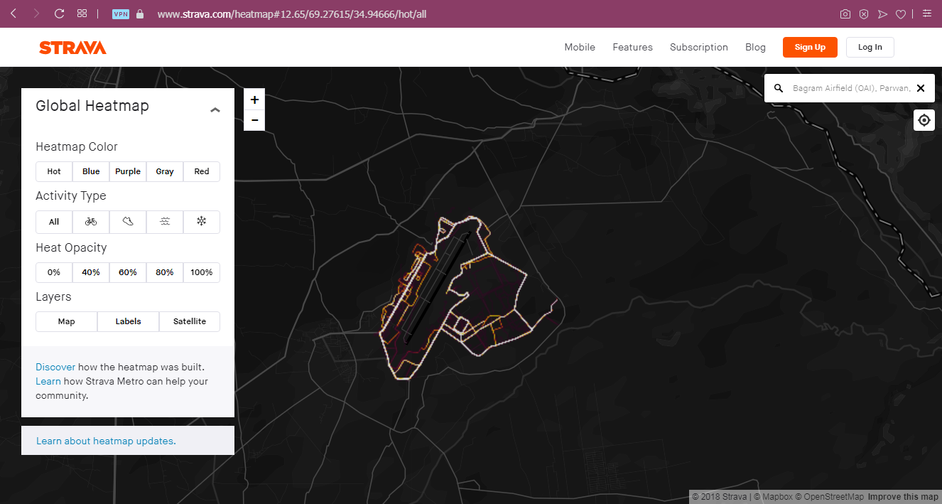 Soldiers' movements at a US military base in Afghanistan shown by Strava heat map. 