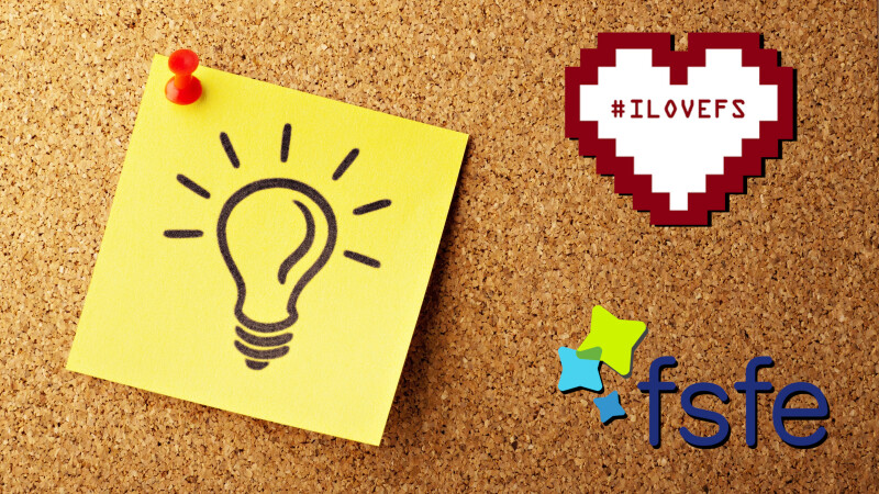 Light bulb drawn on a pinboard, representing an idea, next to fsfe and ilovefs-logo