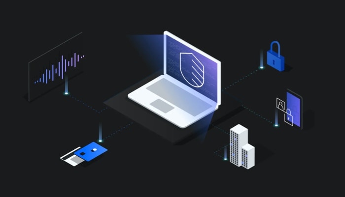 infographic isometric of a laptop, mainframe, disk voice waves and lock