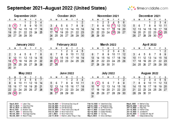 Calendar for 2021 in United States