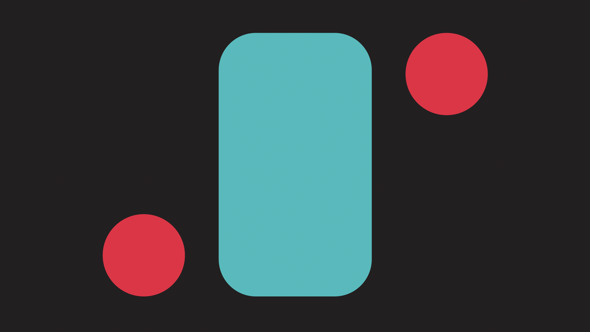 Dark background with a blue rectangule with round corners and two red circles