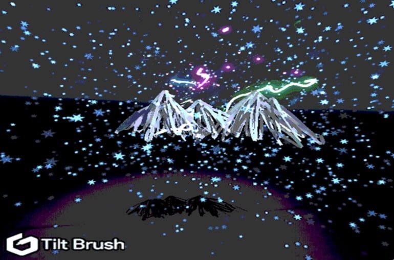 This shows the art work generated of a mountain range and stars