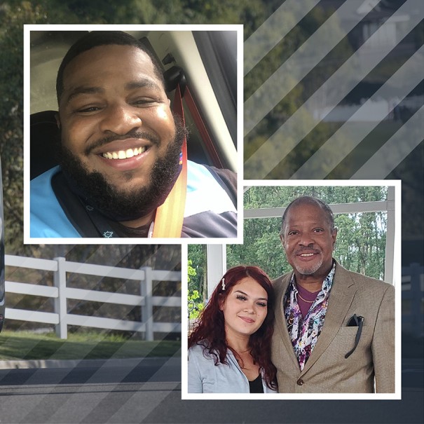 An image of an Amazon deliver van with two additional images laid on top of it. The two additional images show a selfie of on of the drivers and an image of two people smiling for a photo. 