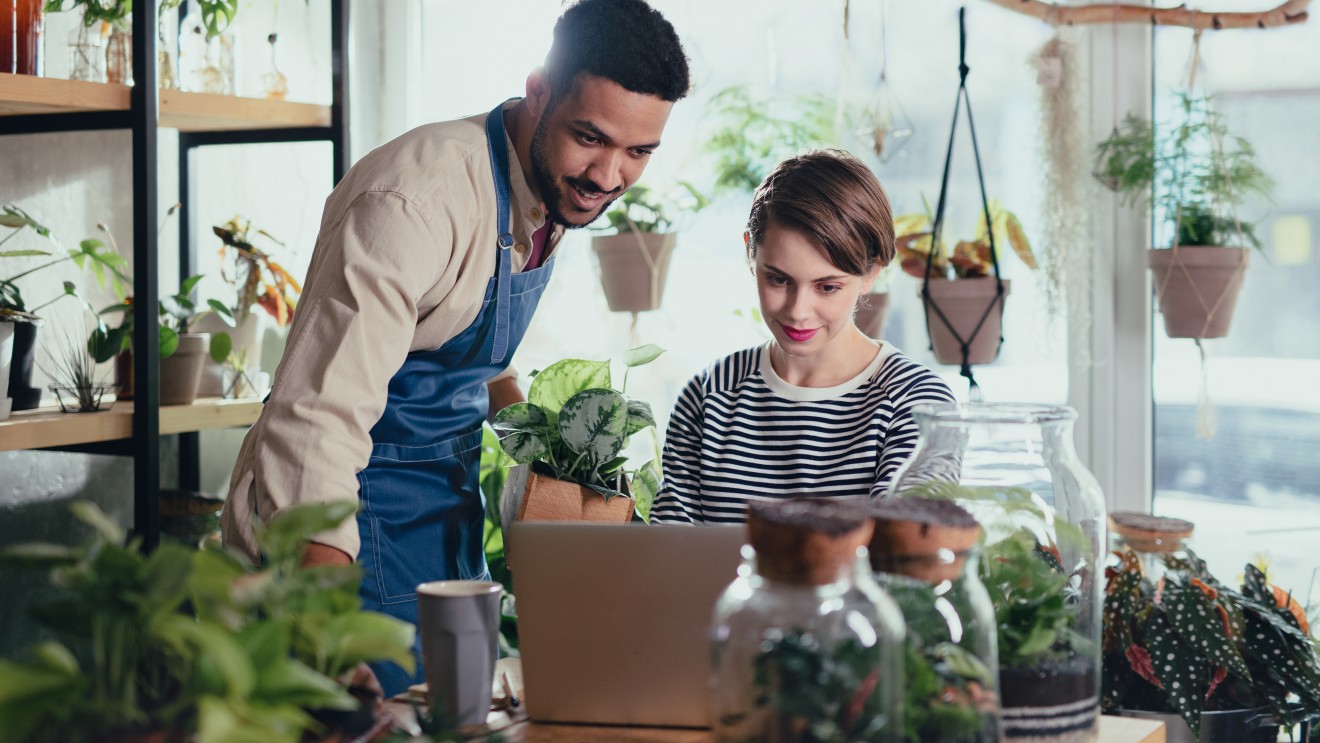 A man stands next to a seated woman, as they look at a computer monitor. Their surroundings suggest they work in a small business that sells plants. 