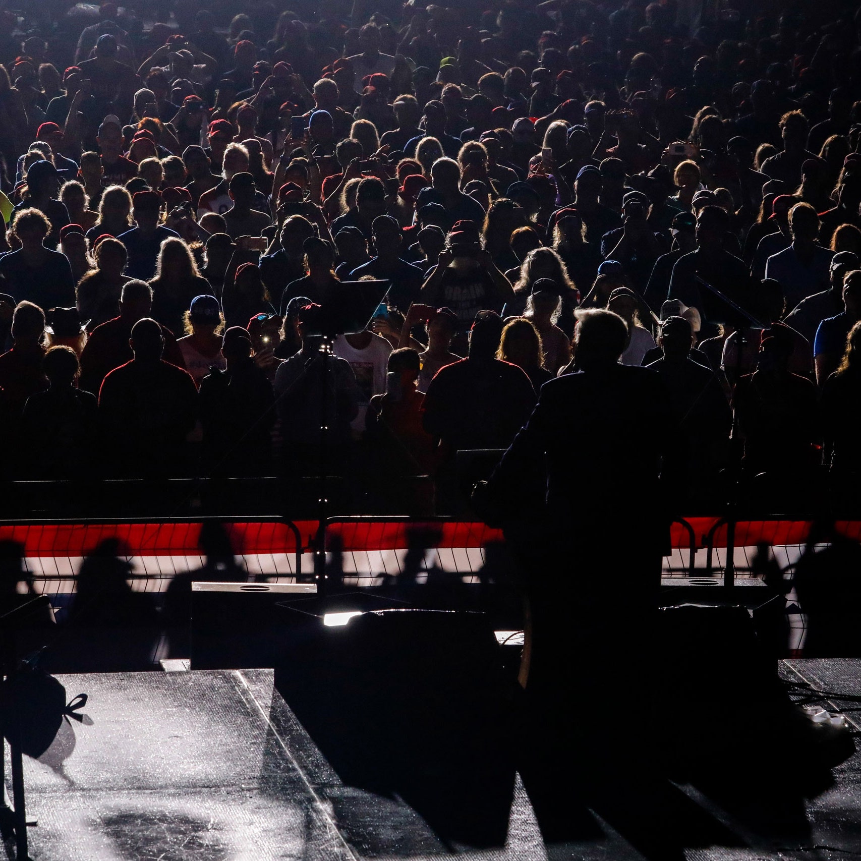 Donald Trump speaks to a crowd at a rally in Sarasota, Florida