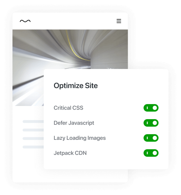 An image showing a web site with a photo of a speed blurred tunnel. In the foreground is an interface titled Optimize Site with a list of toggles for Critical CSS, Defer Javascript, Lazy Loading Images, and Jetpack CDN