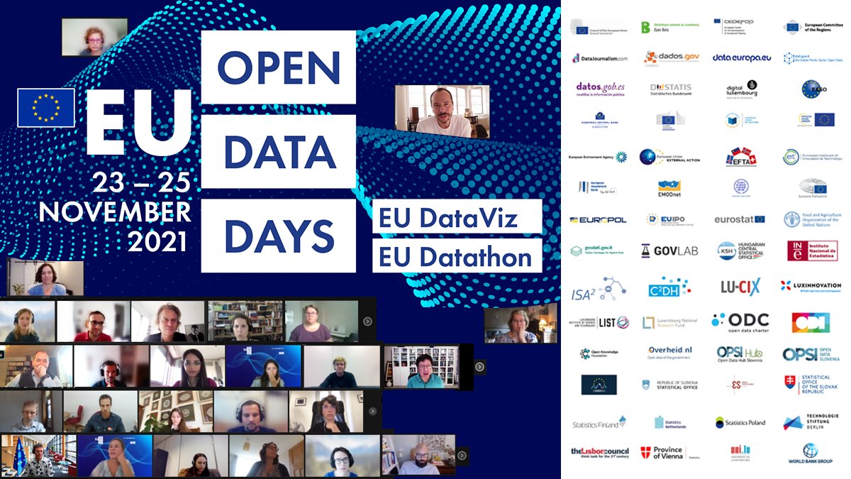 A picture showing, on the left, the EU Open Data Days blue visual with captured miniatures of the meeting participants and, on the right, all the partners involved.