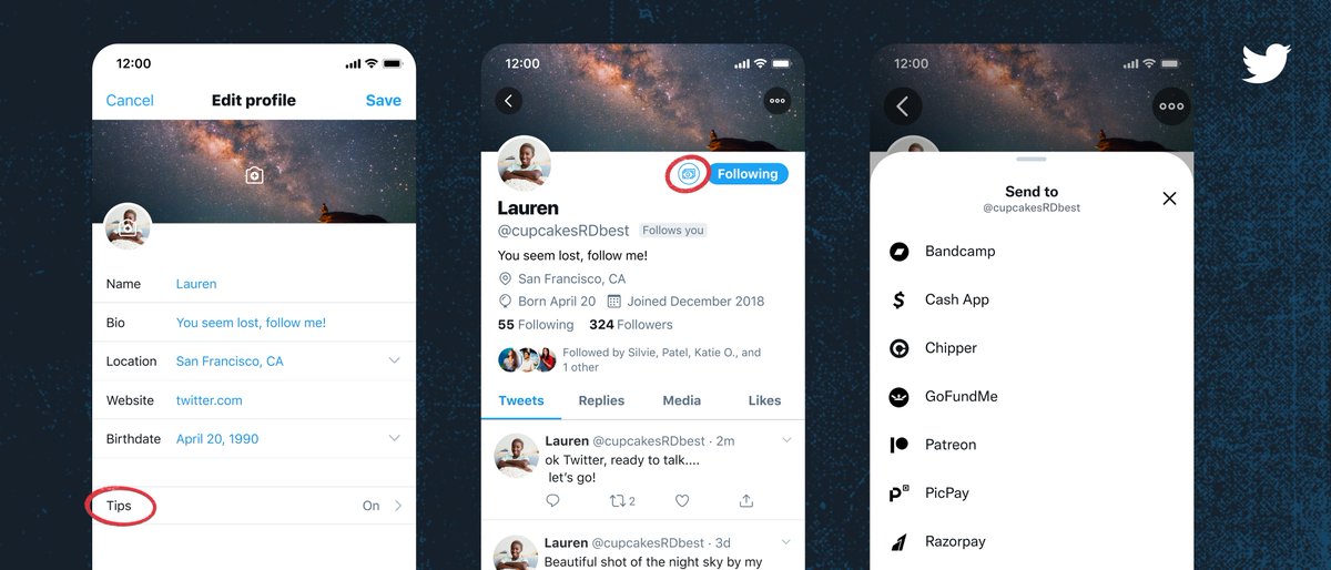 In order to access Tips on Twitter Platform, go to edit profile and tab “Tips” to turn on the function. Your Twitter profile will show a visual indication that you accept Tips via an icon at the top. To send Tips, tab the Tips icon at the top of a Twitter users profile which will open a menu of options for sending money.