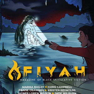 FIYAH 18 cover art featuring black girl shining a flashlight on a lagoon monster in a cave