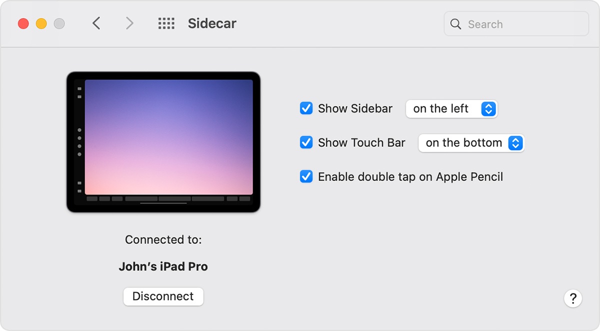 Sidecar options in System Preferences window