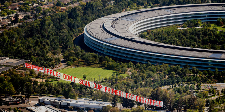 A plane flies a banner over Apple’s Cupertino, Calif., headquarters during the company’s iPhone launch event on Tuesday, Sept. 14, 2021. It is part of an Electronic Frontier Foundation (EFF) campaign demanding Apple drop its planned iPhone surveillance