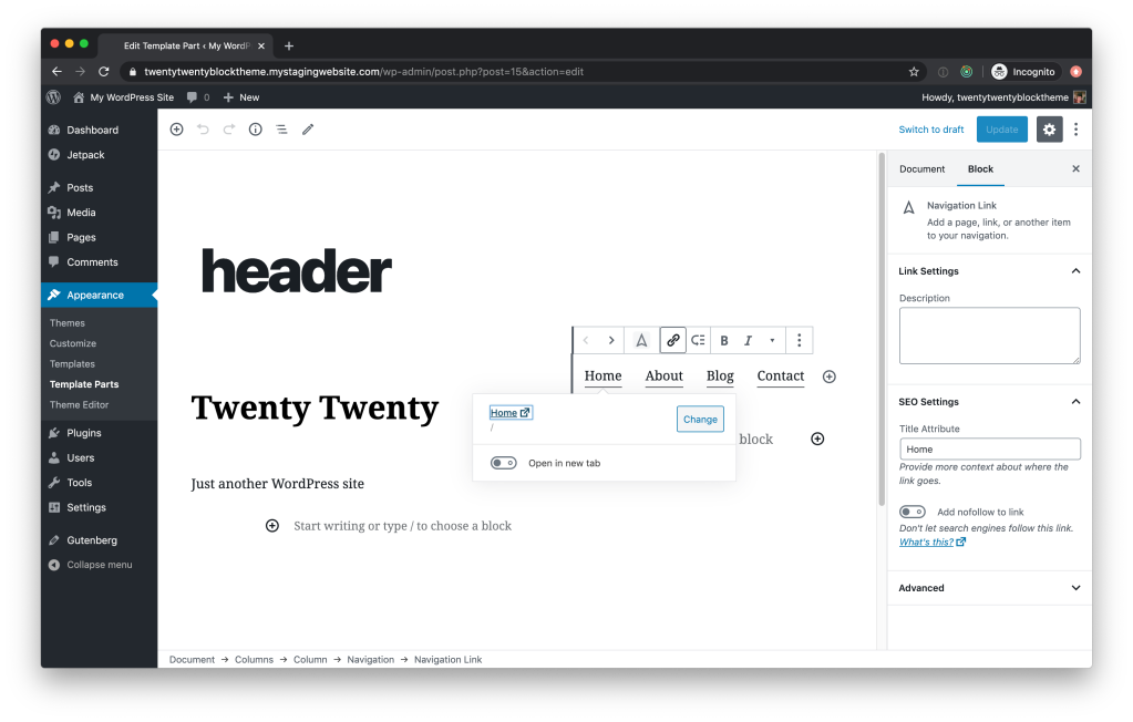 WordPress admin screen showing a block template part being edited. 