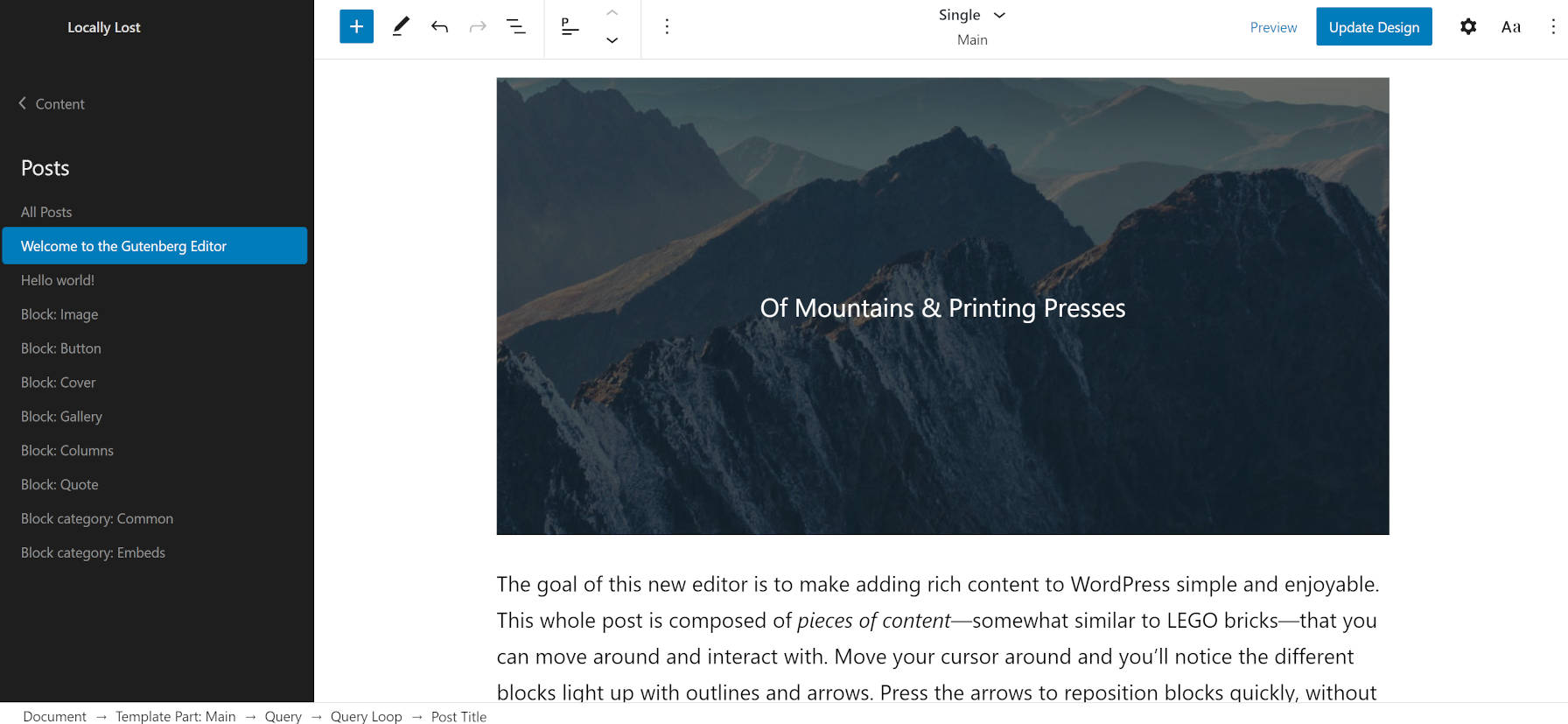 Single post view in the site editor of the Armando WordPress theme.