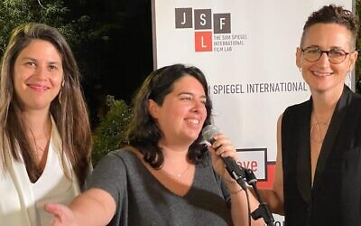 From left: Sam Spiegel director Dana Blankstein Cohen, prizewinner Netalie Braun and film lab director Aurit Zamir at the 9th edition of the Sam Spiegel film lab, August 28, 2021 (Courtesy Yossi Zwecker)