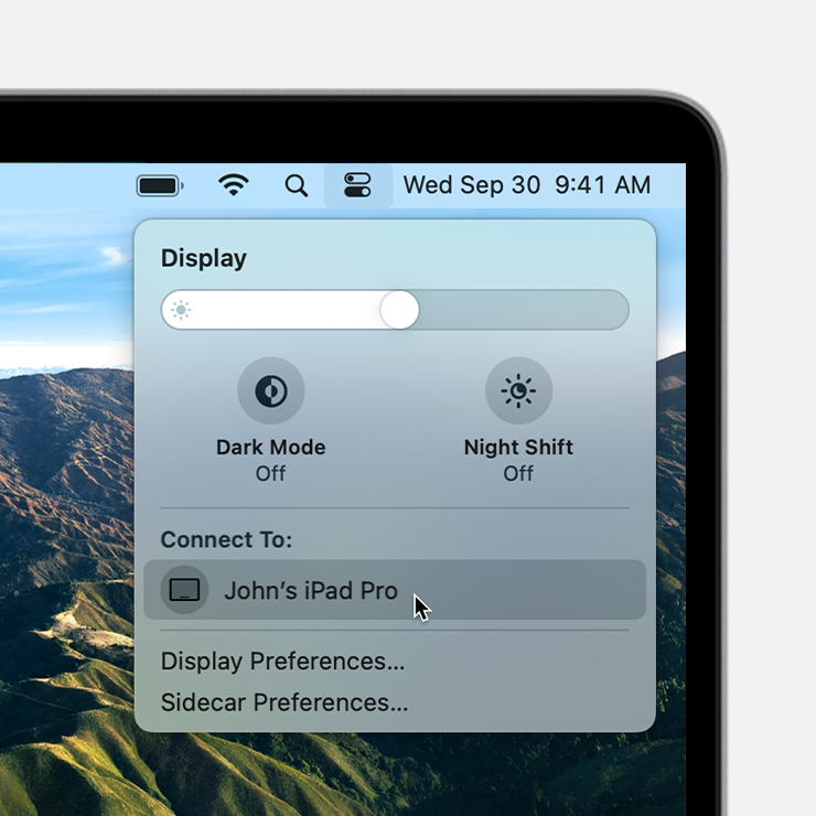 macOS Big Sur Control Center Display options with cursor hovering over Connect To: iPad