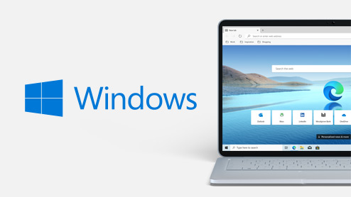 Windows logo next to Windows laptop with Microsoft Edge on the screen