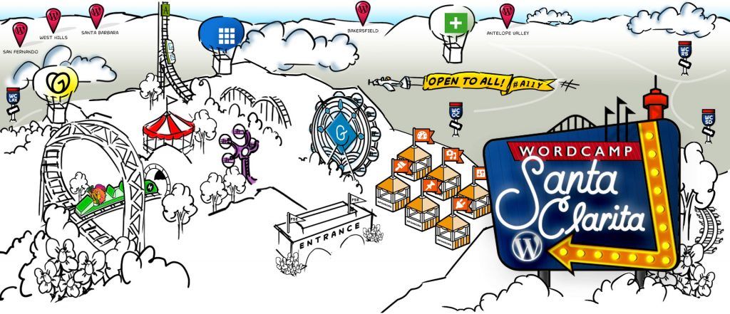 Illustration of an amusement park with WordCamp Santa Clarita sign