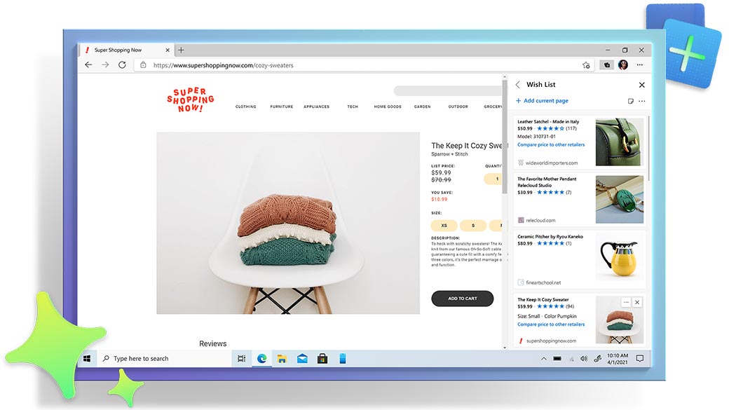 Microsoft Edge browser window, showing a shopping webpage with the Collections feature