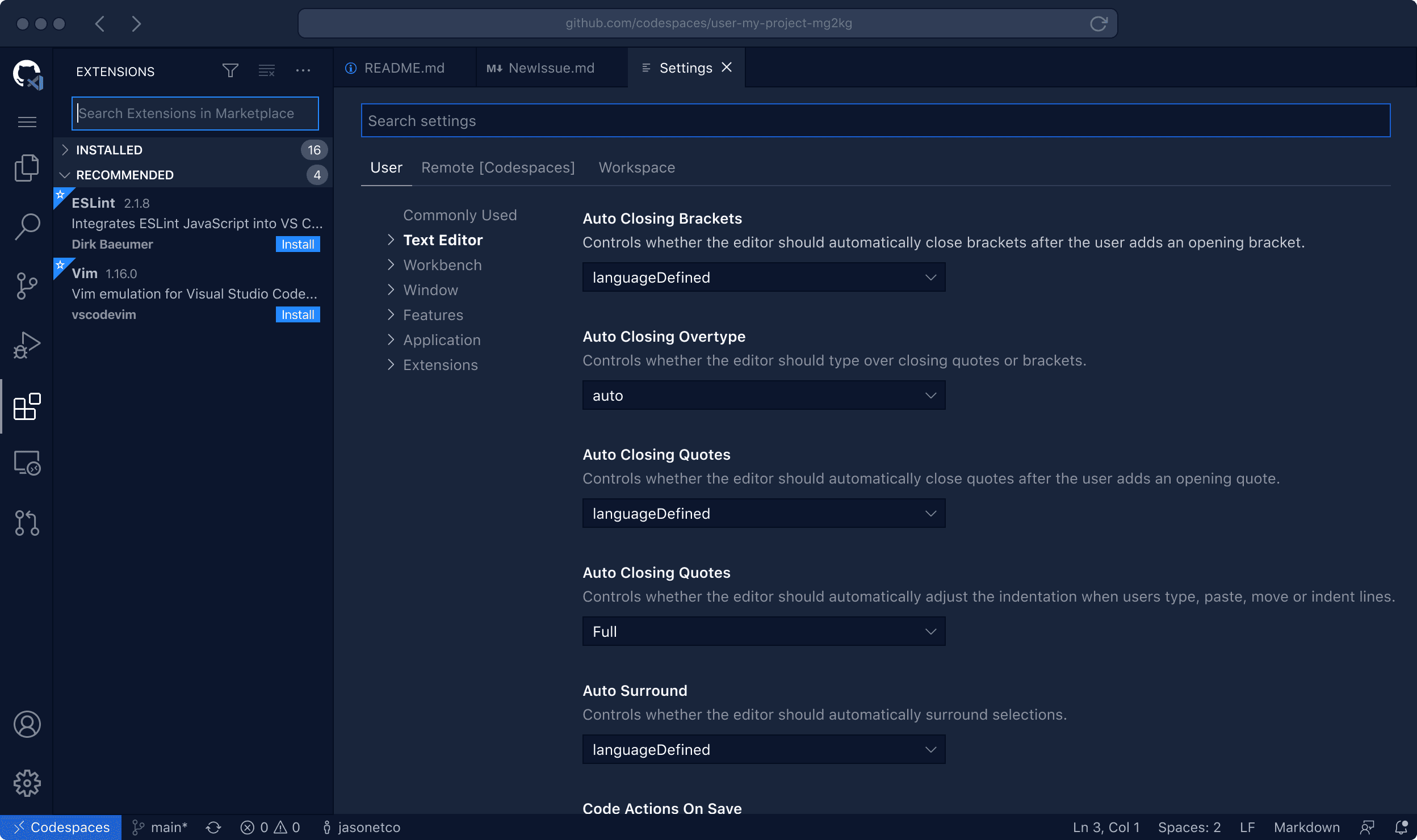 VS Code running in the browser with your project's code and development environment running. A terminal panel is visiable in the editor.