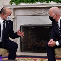 US President Joe Biden meets with Israeli Prime Minister Naftali Bennett in the Oval Office of the White House in Washington, DC, on August 27, 2021. (Nicholas Kamm/AFP)