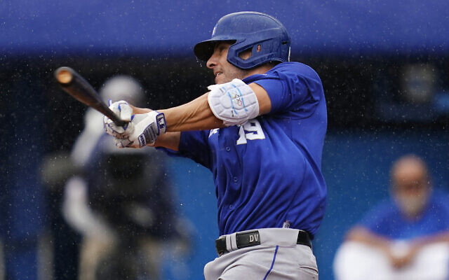 Israel's Danny Valencia plays during a baseball game at Yokohama Baseball Stadium during the 2020 Summer Olympics, Aug. 2, 2021, in Yokohama, Japan. (AP Photo/Matt Slocum)