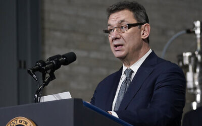 Pfizer CEO Albert Bourla speaks at a Pfizer manufacturing site, in Portage, Michigan, February 19, 2021. (Evan Vucci/AP)