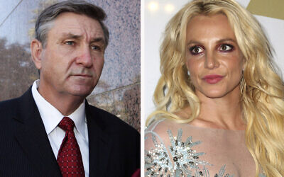 This combination photo shows Jamie Spears (left), father of Britney Spears, as he leaves the Stanley Mosk Courthouse on October 24, 2012, in Los Angeles; and Britney Spears at the Clive Davis and The Recording Academy Pre-Grammy Gala on February 11, 2017, in Beverly Hills, CA. (AP Photo)