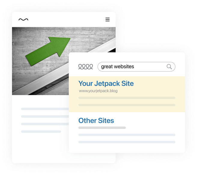 右上を示す緑の矢印の写真が付いたサイトの画像 前面の典型的な検索エンジンページの一番上に「あなたの Jetpack サイト」と表示されています。