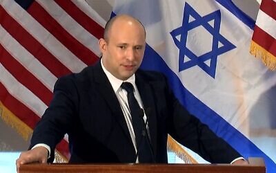 Prime Minister Naftali Bennett addresses leaders of the North American Jewish community, hosted by the Jewish Federations of North America, in New York on September 27, 2021 (Facebook screenshot)