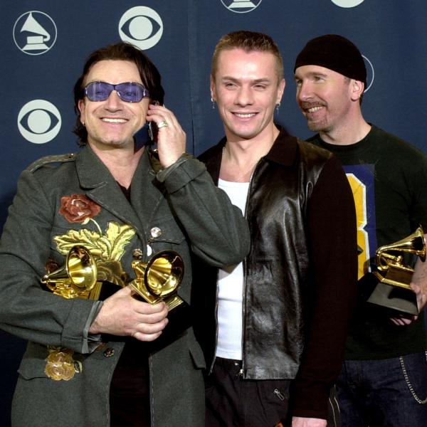  U2 pose with GRAMMYs backstage at the 43rd GRAMMY Awards in 2001