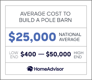 the average cost to build a pole barn is $25,000 or between $400 and $50,000.