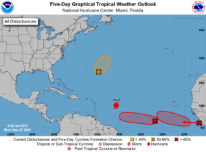 The latest Tropical Outlook from the National Hurricane Center shows that three systems could become tropical cyclones this week in the Atlantic. Image: NHC