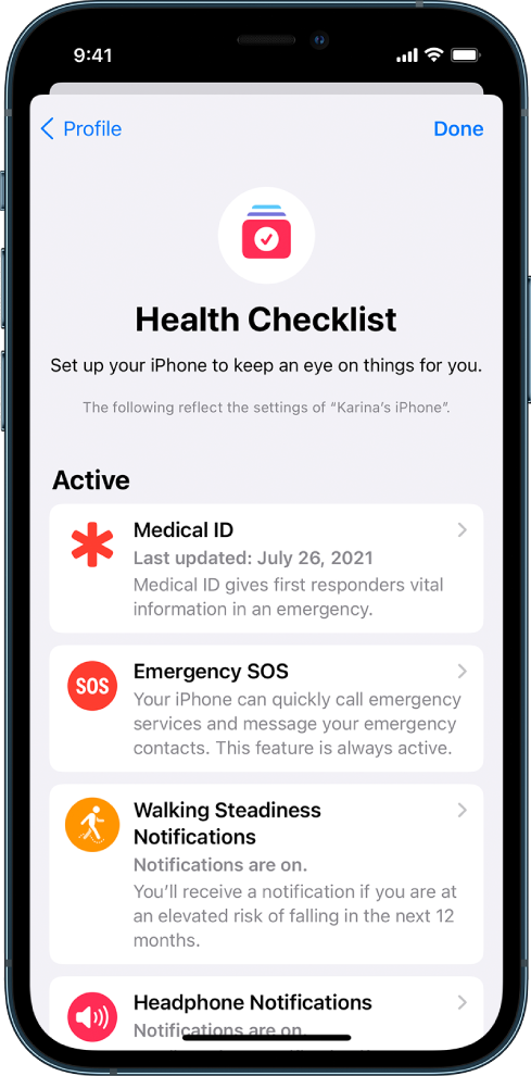 Màn hình Danh sách kiểm tra sức khỏe đang cho biết rằng ID y tế và SOS khẩn cấp đang hoạt động.