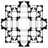 This is plan 1 of 3. The plan is based on a square, superimposed on a cross with arms of equal length. The cross makes the main sections of the church building: nave and chancel crossed by the transepts, with a circular dome over the crossing. There are four smaller domes, one in each corner of the square. The arms of the cross-project beyond the square.