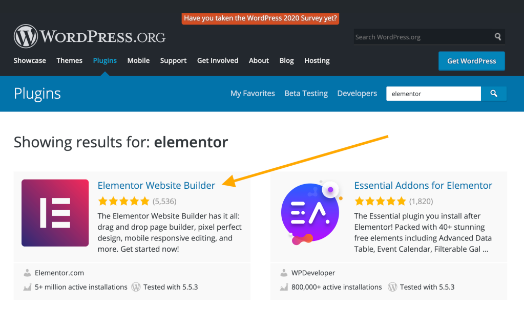 WordPress.org 插件页面上的示例搜索页面结果，带有指向 Elementor 网站生成器的橙色箭头