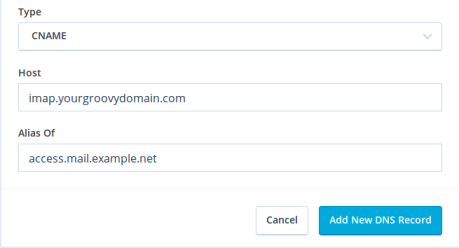 Tangkapan layar ini menunjukkan contoh Jenis, Host, dan Nama Alias untuk menambahkan data CNAME.