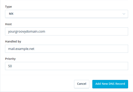 Dit screenshot geeft voorbeelden weer van Type, Host, Afgehandeld door en Prioriteit voor het toevoegen van MX-records.