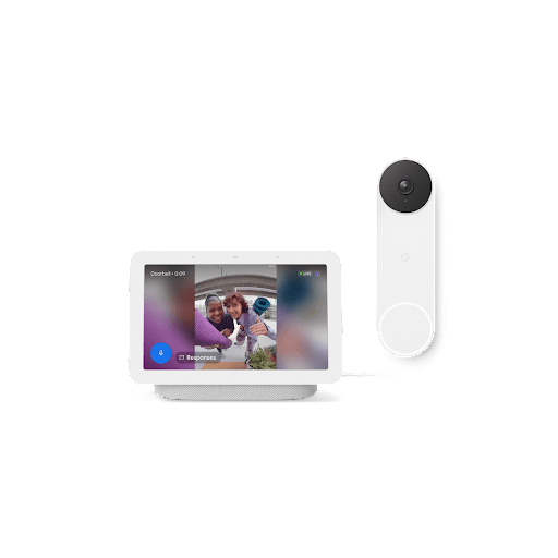A Nest Hub with footage from outside and a Nest doorbell.