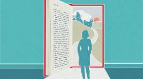 woman standing in front of book door