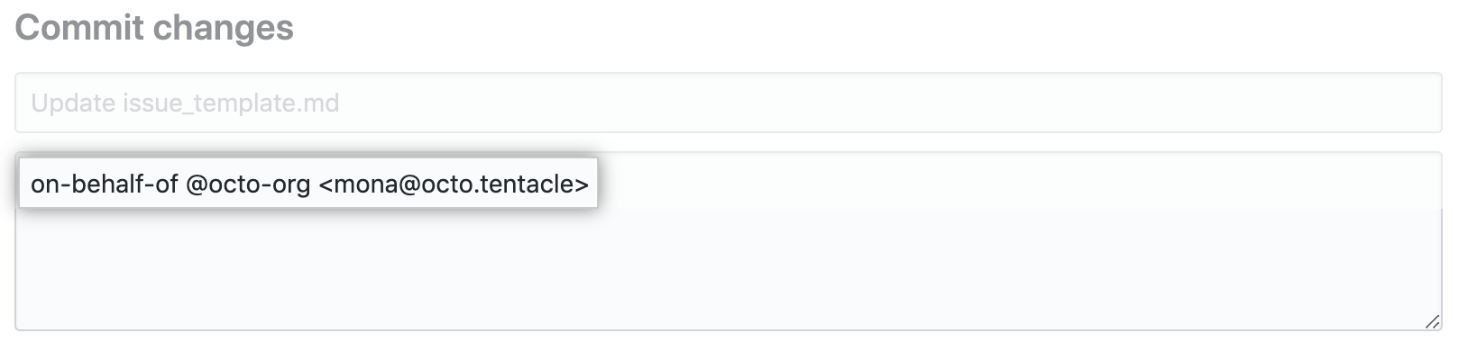 Commit message on-behalf-of trailer example in second commit message text box
