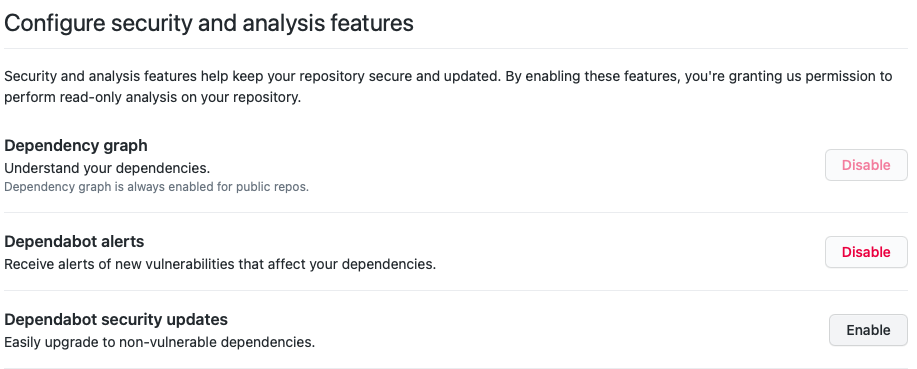 "Configure security and analysis features" section with button to enable Dependabot security updates