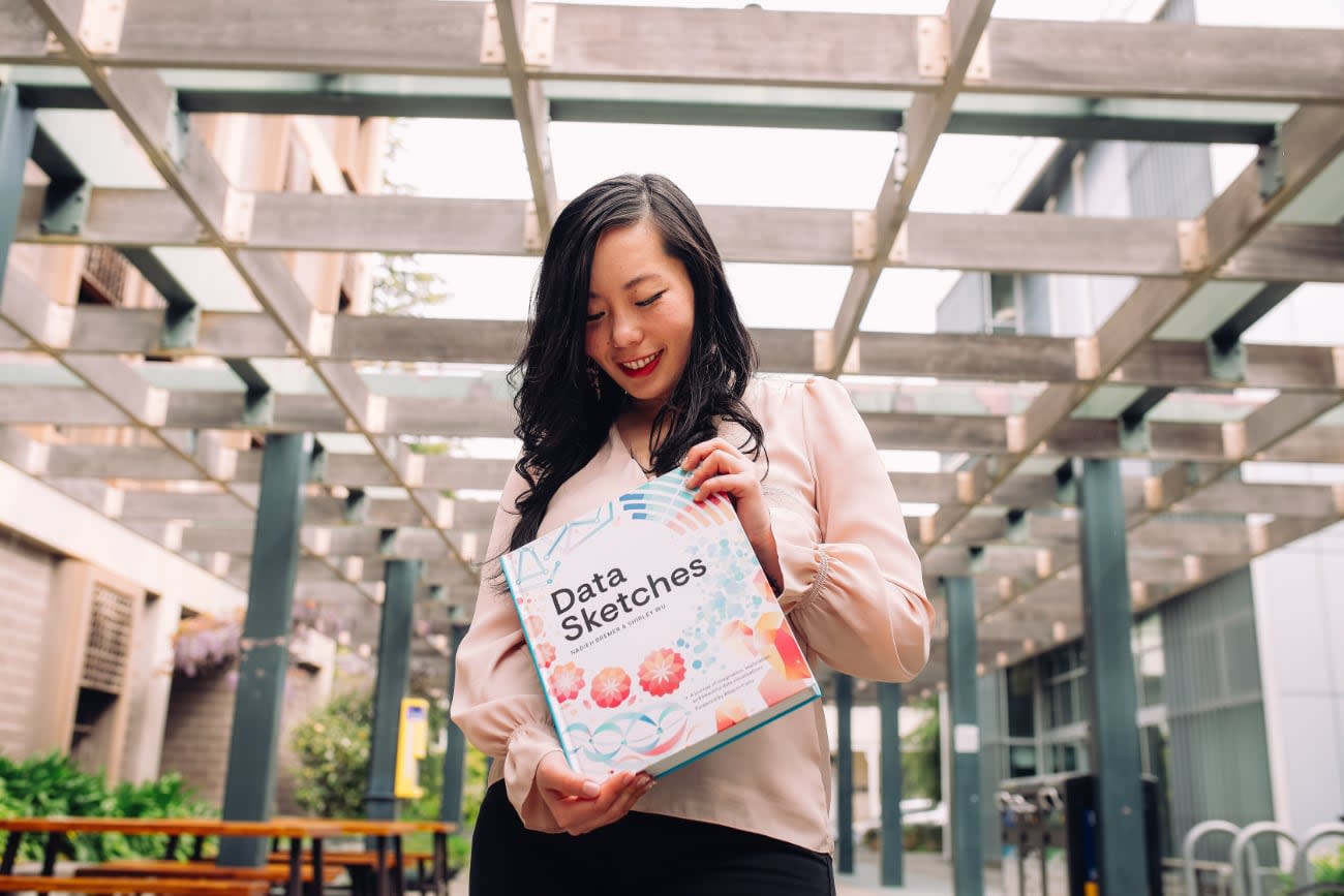 Photo of Shirley Wu holding a book Data Sketches.